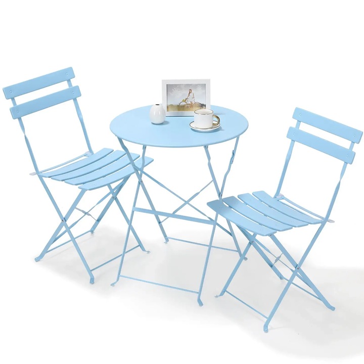 Set bistro 3 piese, Masa si 2 scaune, Pliabil, Din fier, Pentru 2 persoane, Masa 60 x 60 x 72 cm, Pentru gradina/balcon, Albastru cer