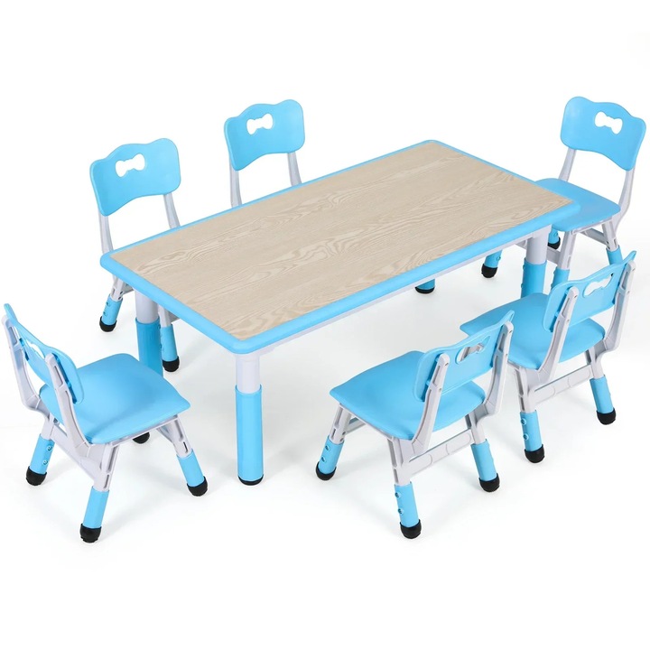 Masa pentru copii cu 6 scaune, KT-TC06 Masa dreptunghiulara de activitati/arte si mestesuguri, Inaltime reglabila 48–60 cm, Dimensiuni 120×60 cm, Pentru 2–10 ani, Albastru