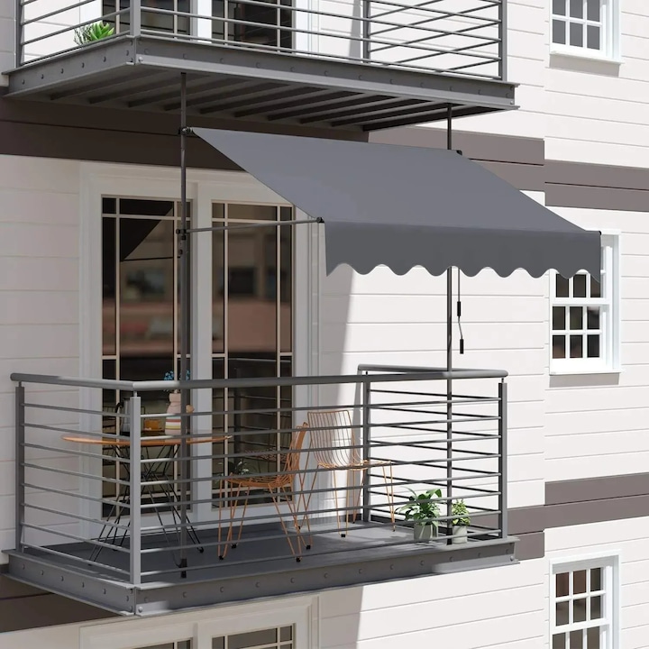 Copertina pentru balcon, Marchiza retractabila cu manivela 250 x 120 cm, prindere cu cleme fara gaurire, UV 50+, panza cu strat PU, cadru din aluminiu, gri inchis