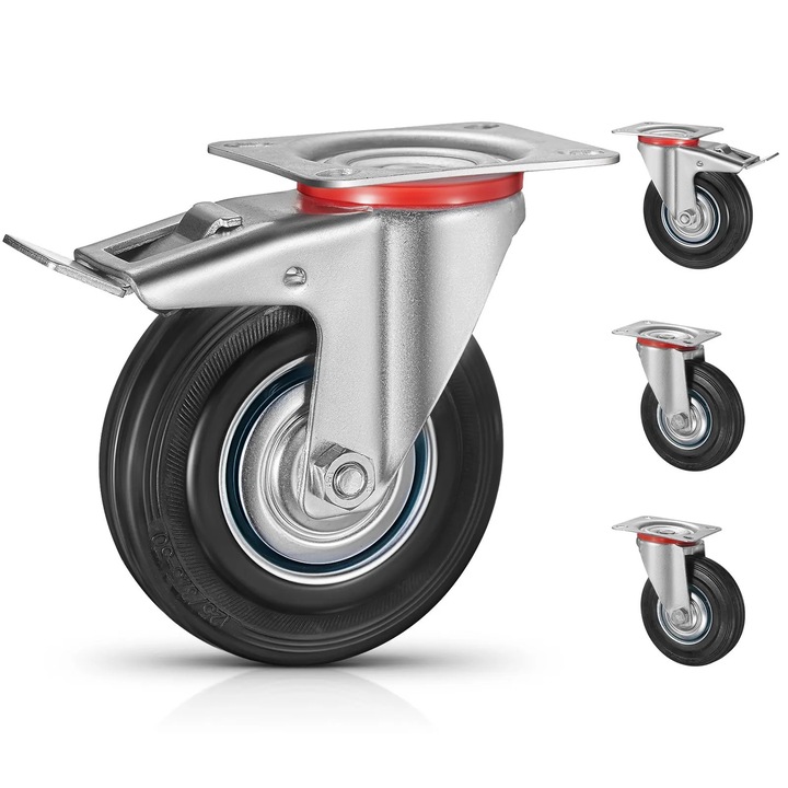 Role de transport pentru mobilier, roti pivotante, set 4 bucati, roti 125 mm, pentru sarcina grea, cu frana, portocaliu