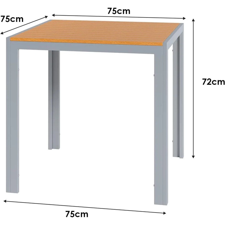 Masa de balcon si gradina, Masa patrata de exterior, 75x75x72 cm, Blat din panouri de lemn, Cadru din aluminiu argintiu, Pentru 4 persoane, Rezistenta la intemperii si caldura