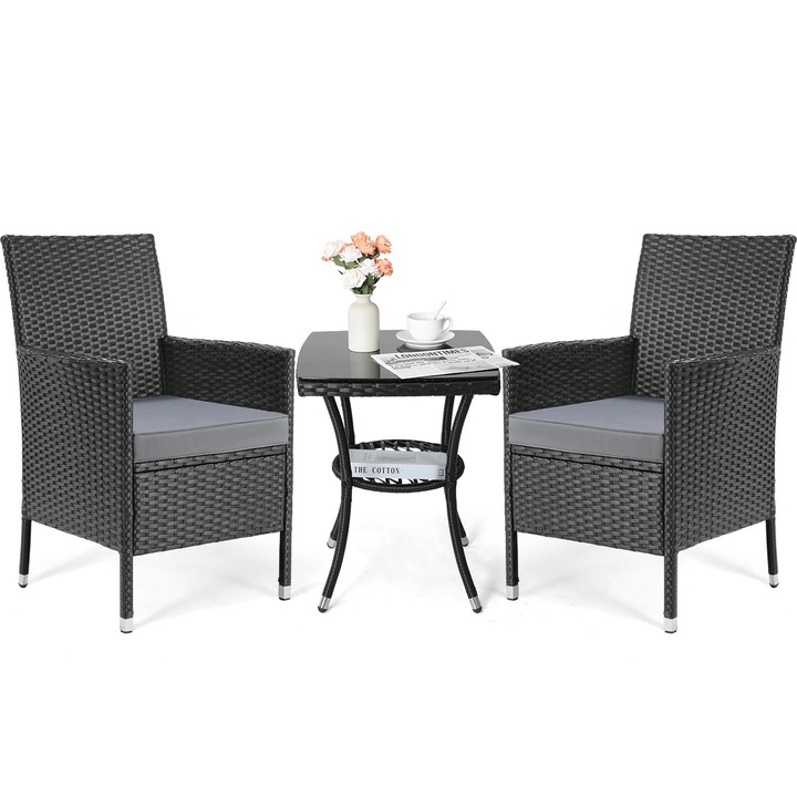 Mobilier de gradina, set bistro 3 piese din ratan impletit, masa + 2 scaune, cu perne, pentru 2 persoane, negru