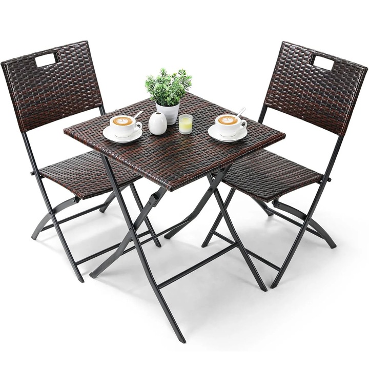 Set bistro exterior, Set mobilier gradina 3 piese, Masa + 2 scaune, Ratan/impletitura, Pentru 2 persoane, Stil modern, Necesita asamblare, Maro ciocolatiu
