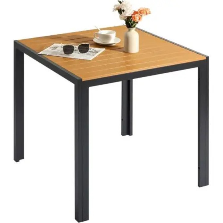 Masa de gradina, Masa de exterior, Cadru din aluminiu, Blat WPC imitatie lemn, Rezistenta la intemperii si caldura, Picioare antiderapante, Patrata 75x75x72 cm, Cadru negru