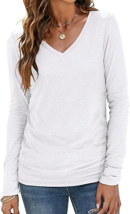 Bluza dama eleganta cu maneca lunga si decolteu V, material moale si elastic din bumbac, stil casual modern, ideala pentru tinute zilnice, birou, plimbari si sezon primavara-toamna, Alb