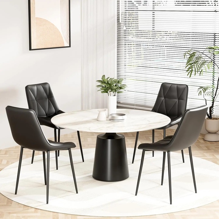 Scaune de dining, set 4 bucati, tapitate cu piele PU, spatar cu inel, sezut captusit, fara brate, stil modern, gri inchis