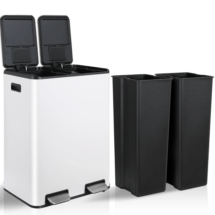 Cos de gunoi pentru reciclare, Cos cu pedala cu doua compartimente, 60 l total, Otel inoxidabil, Recipiente interioare detasabile, Gri deschis