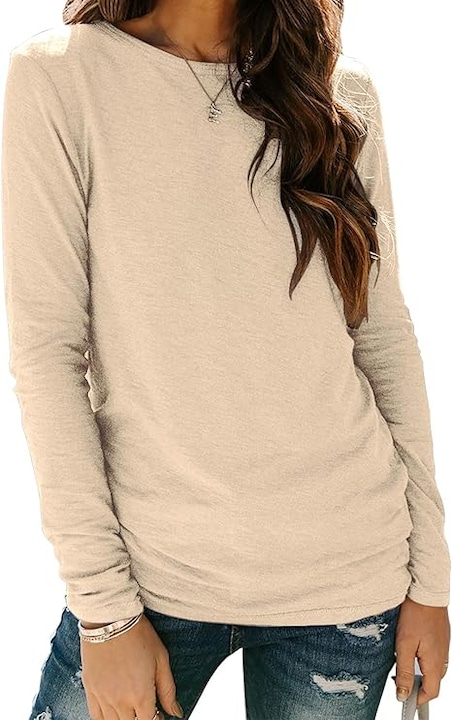 Bluza dama eleganta cu maneca lunga si decolteu rotund, material moale si elastic din bumbac, stil casual modern, ideala pentru tinute zilnice, birou, plimbari si sezon primavara-toamna, Bej