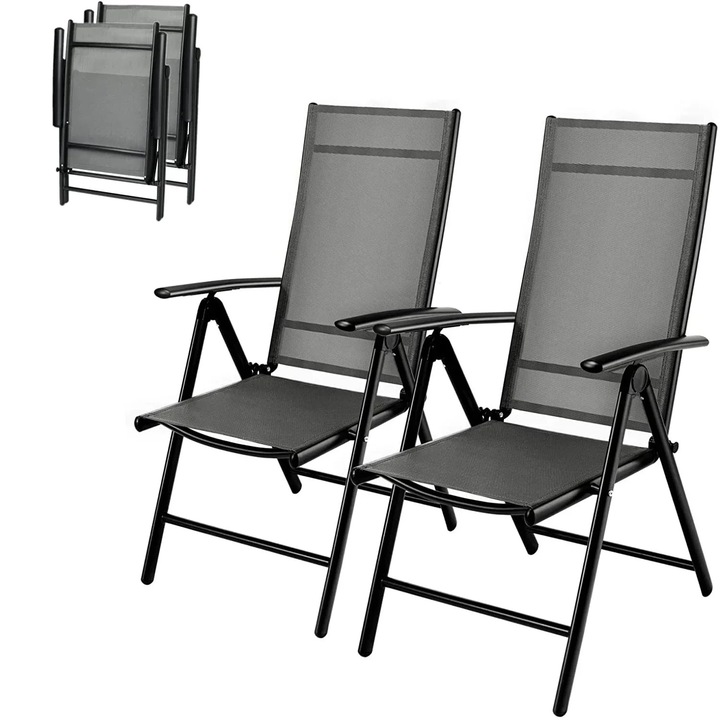 Scaune de gradina set 2, Scaun pliabil cu spatar inalt, Reglabil, Aluminiu usor, Cu cotiere, Captusit, Capacitate 120 kg, Gri inchis