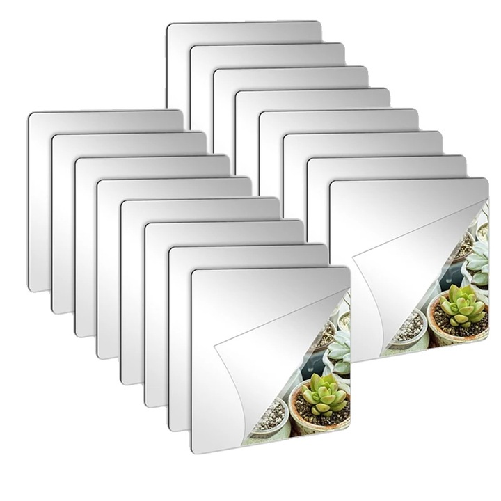 Set Oglinzi Acrilice Autoadezive, 16PCS, 20x20cm, Design Rezistent la Spargere, pentru Baie