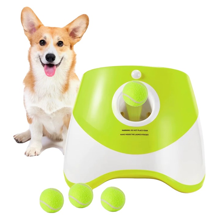 Lansator de mingi automat, jucarie interactiva pentru caini, distanta ajustabila, verde, design compact