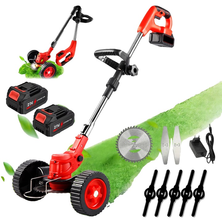 Masina de tuns iarba, design fara fir, lungime ajustabila, 2 baterii, 90-120cm, 15cm diametru de taiere