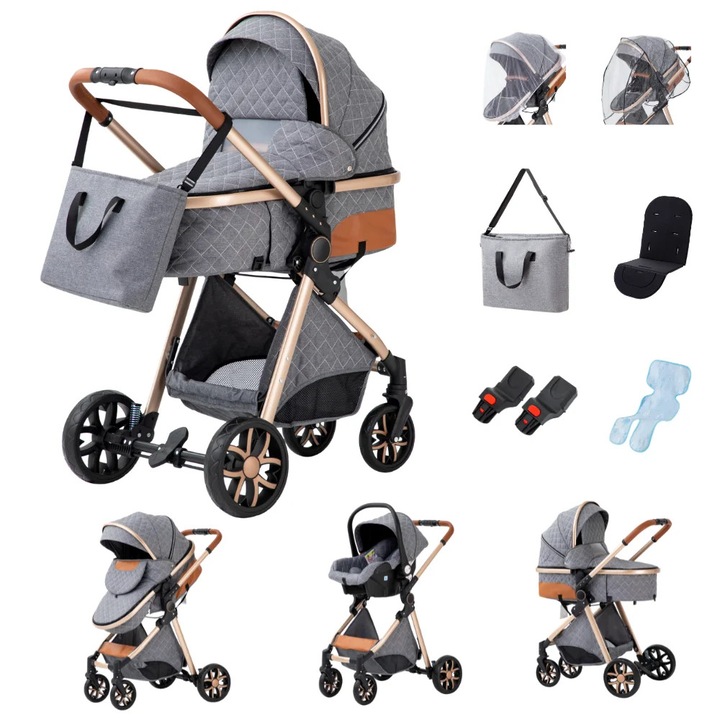 Carucior pentru copii, 3 in 1, configuratie peisaj inalt, gri, pliabil, cu accesorii inclusiv husa pentru picioare si suport pentru cana