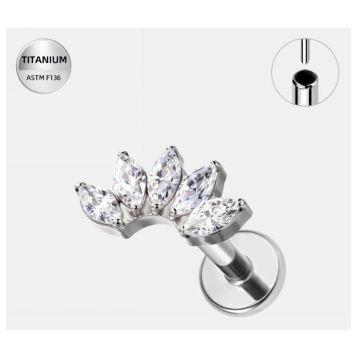 Piercing Labret, Funny Party Shop, Titan ASTM F136, Argintiu, 1.2x8 mm, Design Elegant cu Cristale Marquise