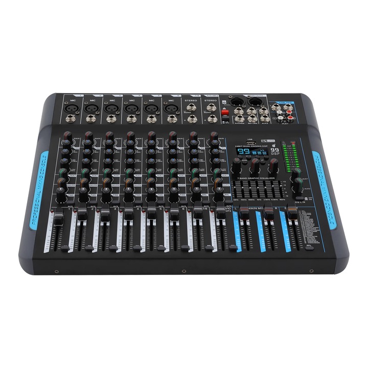 Mixer audio, Mixer 10 canale, Stereo, Ecran HD, Bluetooth, Profesional, Negru