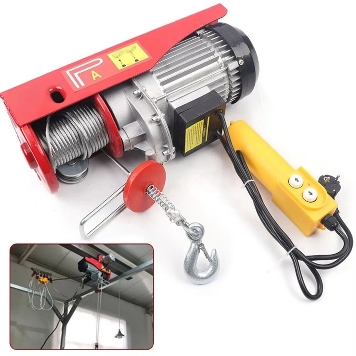 Електрически телфер, кабелна лебедка, 220 V, 1300 W, капацитет 800 кг, за гаражни складове, фабрики, червен