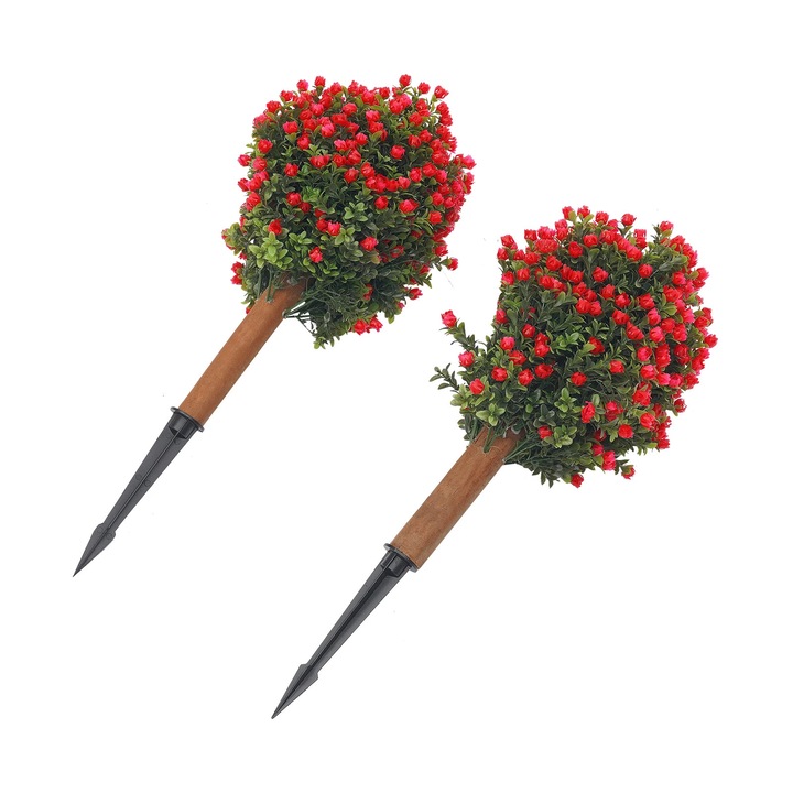 Buxus artificial, copaci topiary sferici set 2 buc, cu tarusi pentru sol, plastic, pentru exterior si gradina, verde