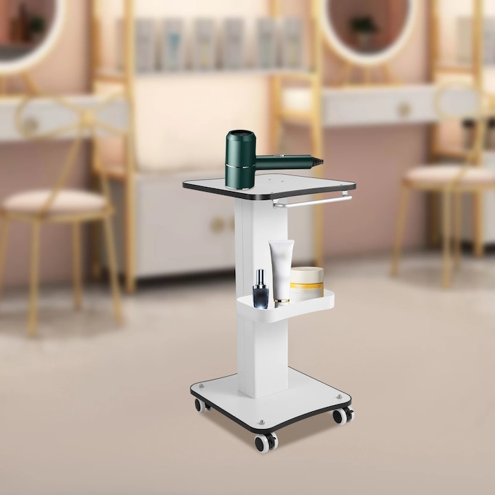 Carucior Pentru Salon, Carucior Rulant, 4 Roti (2 Cu Frane), Capacitate 40 kg, Lemn & Metal, Cu Maner, Pentru Echipamente De Infrumusetare Si Medicale, Alb