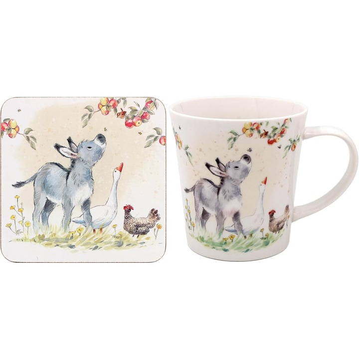 Set cana portelan cu suport - Donkey, Goose & Hen, Portelan, Alb