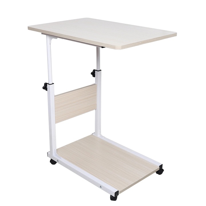 Masă pentru laptop, alb, forma U, reglabilă, 50x35cm, cu roți