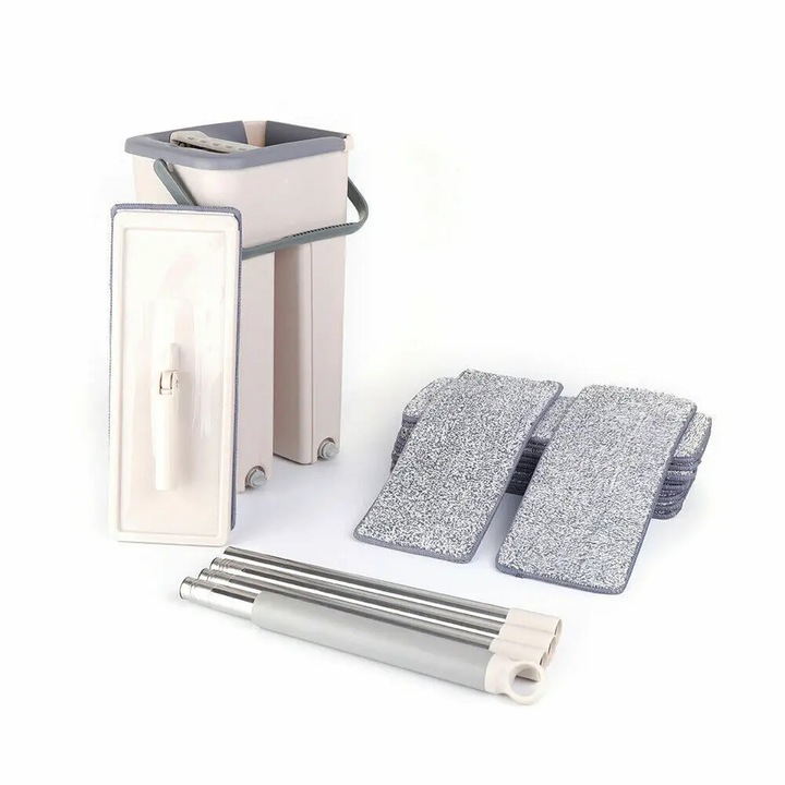 Set mop cu galeata, Mop plat, 10 lavete din microfibra, Coada din otel, Cap mop sintetic, Alb