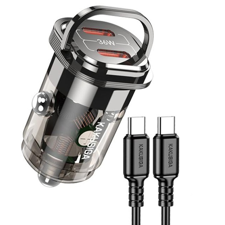 Incarcator auto Kaku KSC-1195, Incarcare rapida, PD36W, Cablu USB-C inclus 1m, 2xUSB-C, Negru