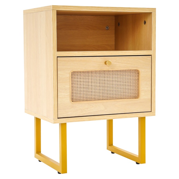 Noptiera, Masuta de pat 3 niveluri cu sertar, Cu roti, Melaminat, MDF si otel, Pana la 30 kg, Dimensiuni 39×29×56, 5 cm, Lemn natural