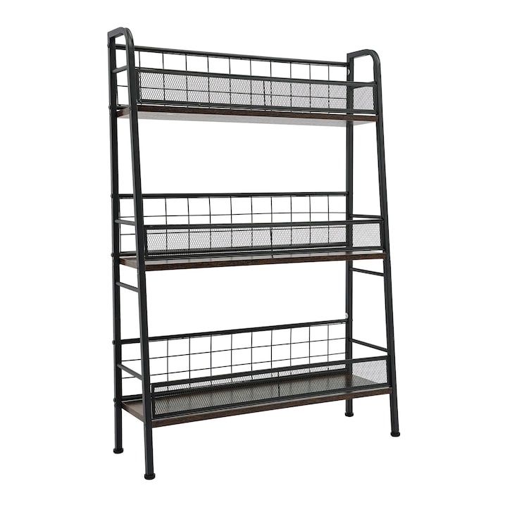 Raft pentru discuri vinil si LP-uri, Etajera de podea cu 3 niveluri, 4 picioare reglabile, Forma trapezoidala, Metal & MDF, Sarcina maxima 25 kg, Negru