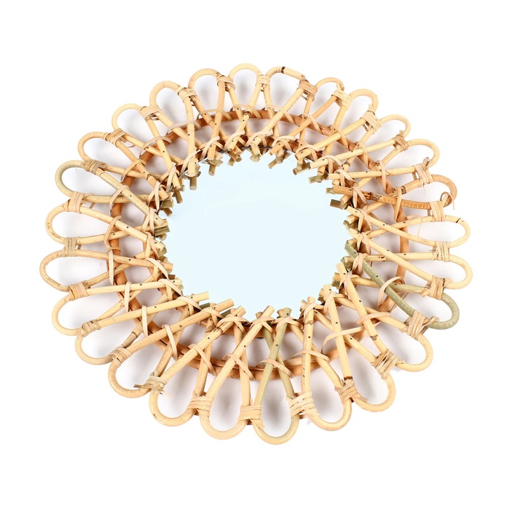Oglinda de perete din ratan, Rotunda, Cu marire, Stil clasic, 43 x 43 x 5 cm, Galben