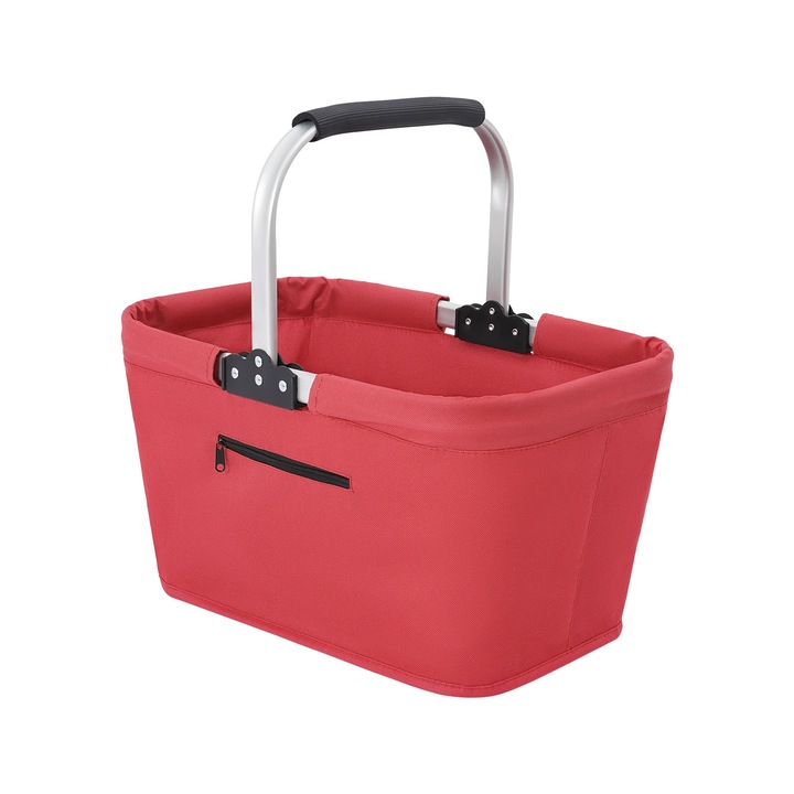 Cos de cumparaturi, cos pliabil, maner captusit, buzunar cu fermoar, material Oxford, pentru cumparaturi si picnic, rosu