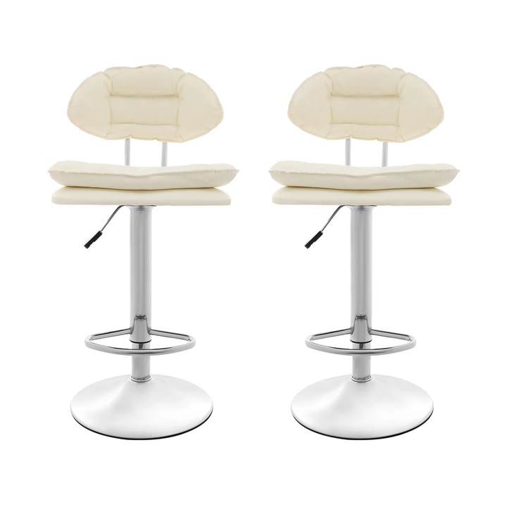 Set 2 scaune de bar, Scaun de bar reglabil pe inaltime, Rotire 360°, Independente, Pentru sala de mese/bucatarie, Alb