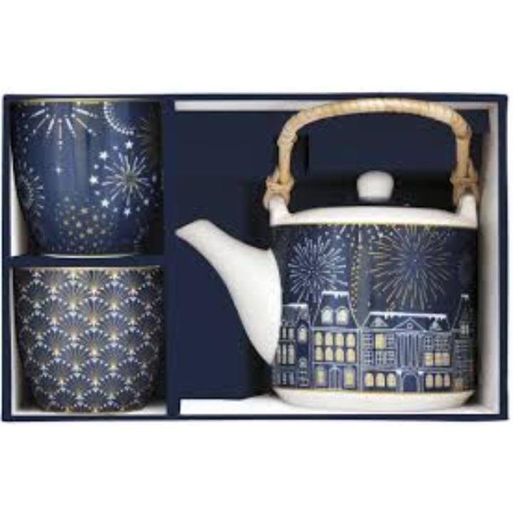 Set ceainic 600 ml + 2 cani 120 ml - Midnight, Albastru, Portelan, 600 ml