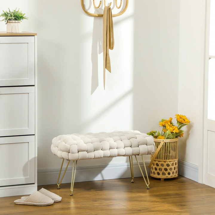 Banca pentru picioarele patului, Bancheta, Picioare metalice, Sezut capitonat, Asamblare necesara, Ivoire