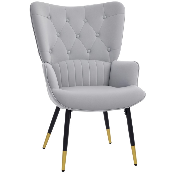 Fotoliu din catifea, Fotoliu de living, Spatar inalt, 68×72×103 cm, Picioare din otel, Gri deschis