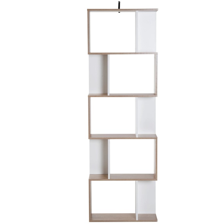 Biblioteca, forma S, autoportanta, 5 rafturi, PAL, depozitare deschisa, 60x24x184, 5 cm, stil modern
