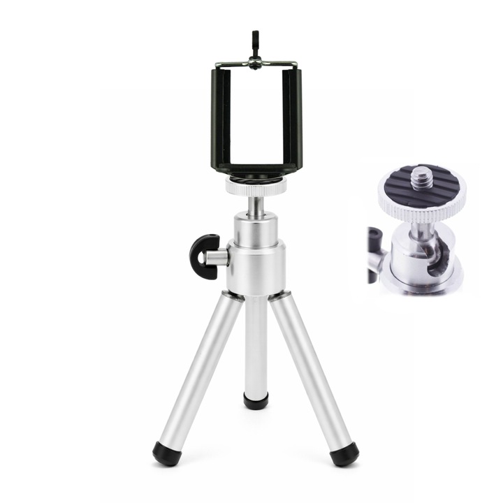 Mini trepied metalic reglabil pentru telefon, suport cu prindere universala, montura 1/4 inch, inaltime 13.5-20 cm, suport stabil pentru fotografie, video, vlogging si streaming