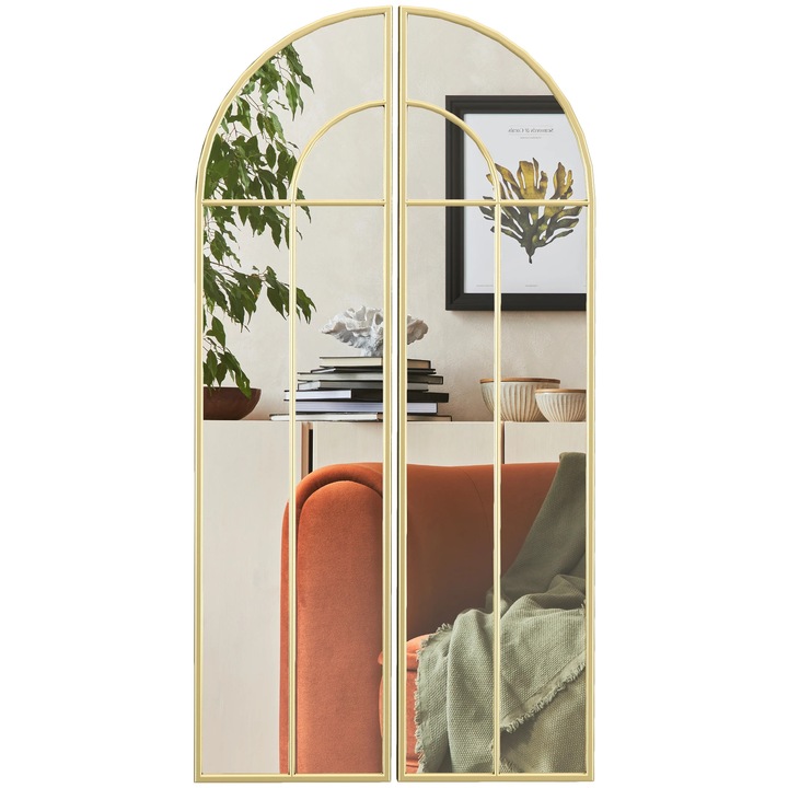 Oglinda de perete decorativa, oglinda de corp 2 bucati, design arcuit, 30 x 120 cm, rama aurie