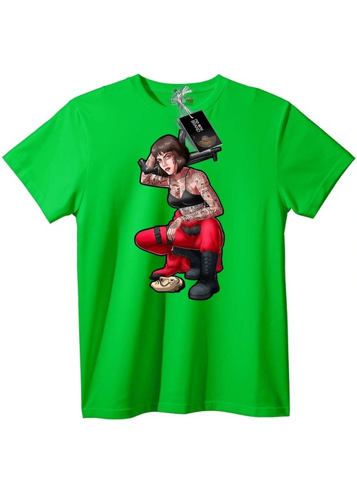 Tricou Fată Tatuată cu Pistol, Verde deschis