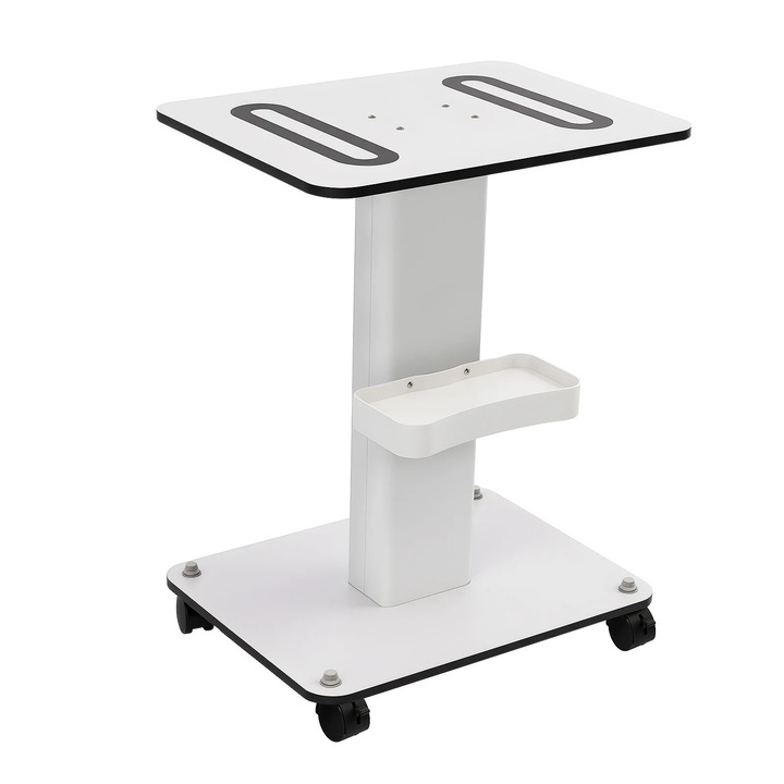 Carucior de salon, Rulant, 4 Roti Silentioase, 2 Cu Frana, 52×40×69 cm, Lemn & Metal, Pentru Frizerie & Salon, Asamblare Necesara, Alb