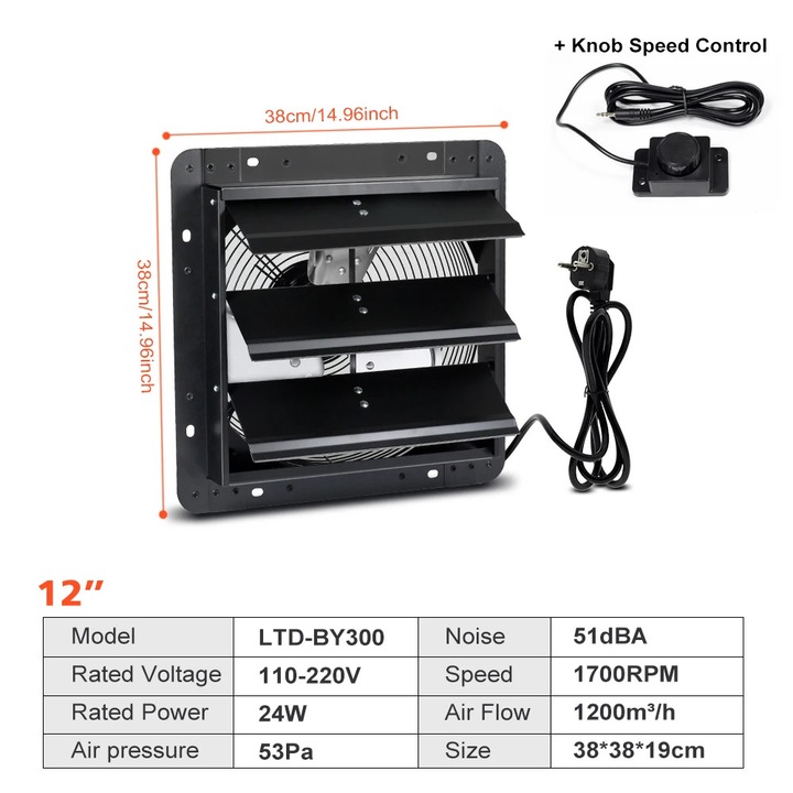Ventilator de evacuare, LTD-BY300, Motor EC, Debit mare 1720 CFM, Pentru pod, sera, gradina, Gri deschis