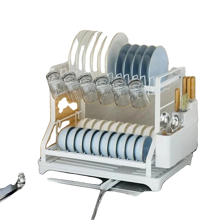 Edényszárító, 2 szintes, fehér, automatikus vízelvezetéssel, 42x32.5x34 cm