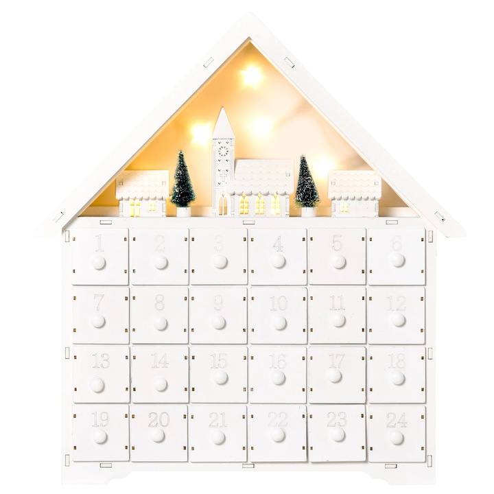 Calendar de Advent, Decoratiune de Craciun, Lemn, Lumini LED, 39x9x42 cm, Alb