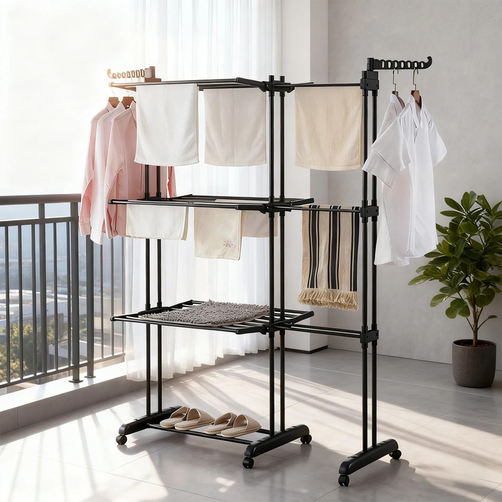 Suport pentru haine, negru, XXL, design multi-nivel, pliabil