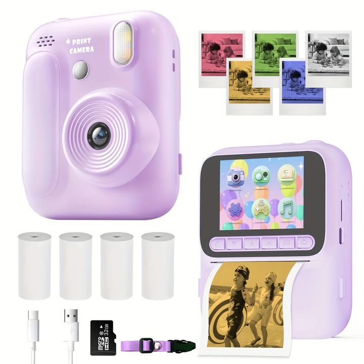 Camera foto instantanee, 30MP, violet, 2.4 inch, suporta card TF 128GB