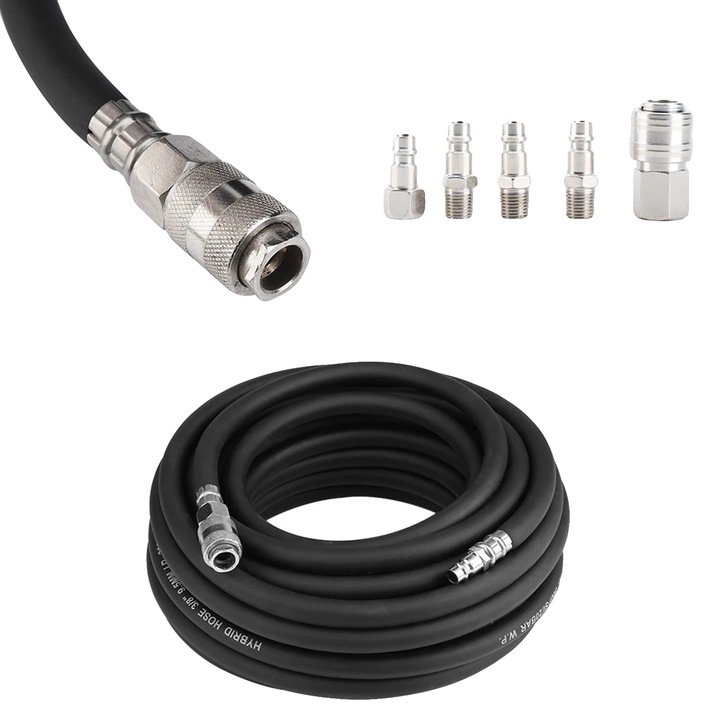 Hose pneumatic flexibil, 15 metri, 6 mm diametru interior, kit accesorii 5 piese