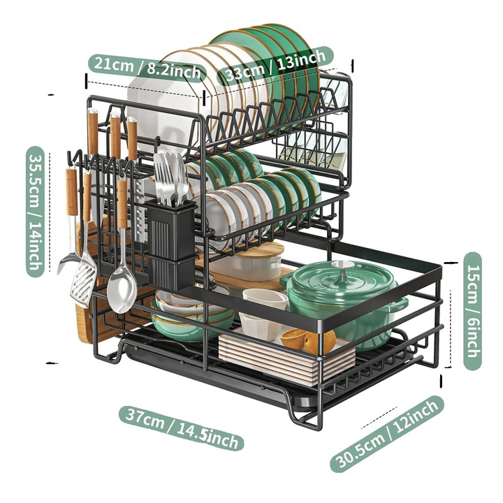 Edényszárító 3 szintes, fekete, nagy kapacitású, levehető opciók, 37x35.5x30.5 cm