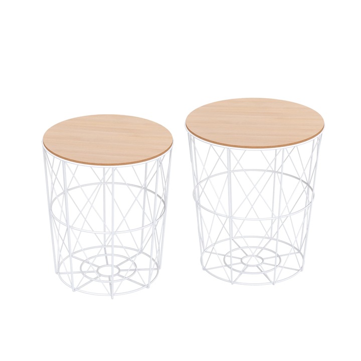 Mese de cafea si mese laterale, Set de 2, Capace din lemn detasabile, Pentru living