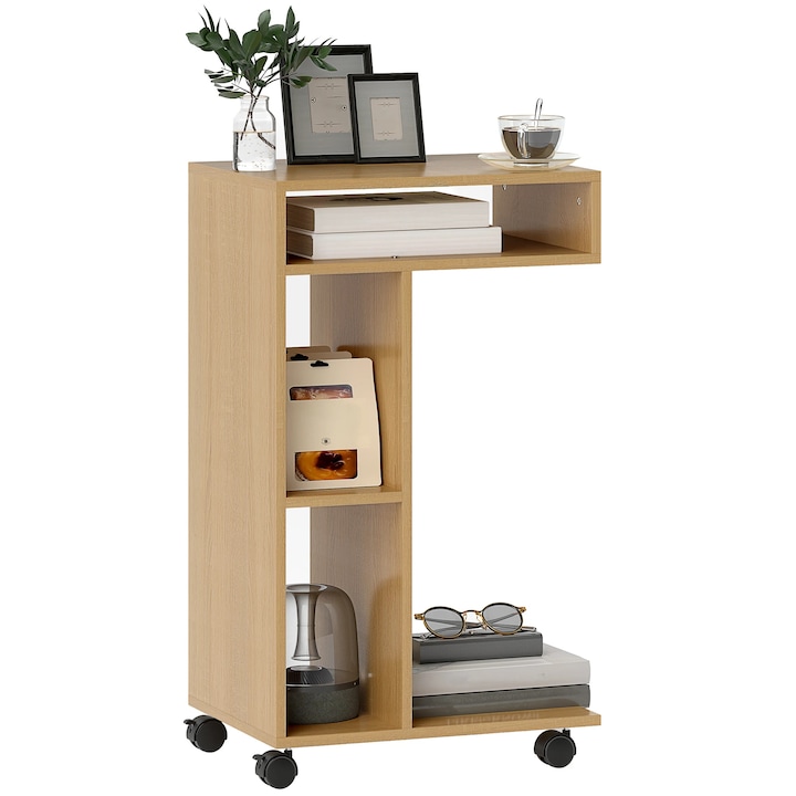 Masuta laterala pentru canapea, Forma C, Cu roti, Compartimente deschise, 40×30×69 cm, PAL melaminat, Kaki inchis