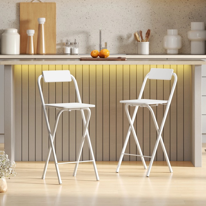 Scaune de bar, Pliabile, Set de 2, Cu spatar, Suport pentru picioare, Cadru din otel, Pentru bar/insula de bucatarie, Khaki