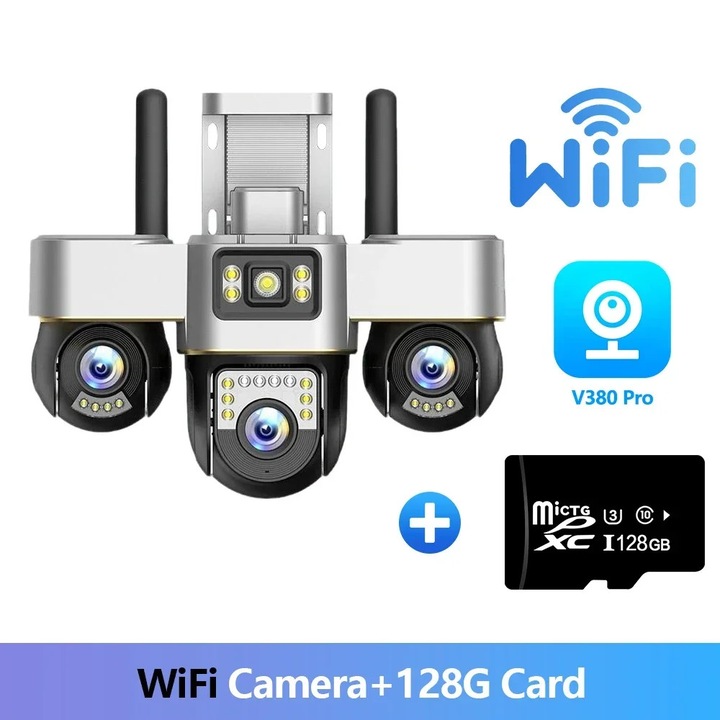 Camera de supraveghere, 15MP, zoom digital 10X, IP66, Wi-Fi, set cu card 128GB, priza EU